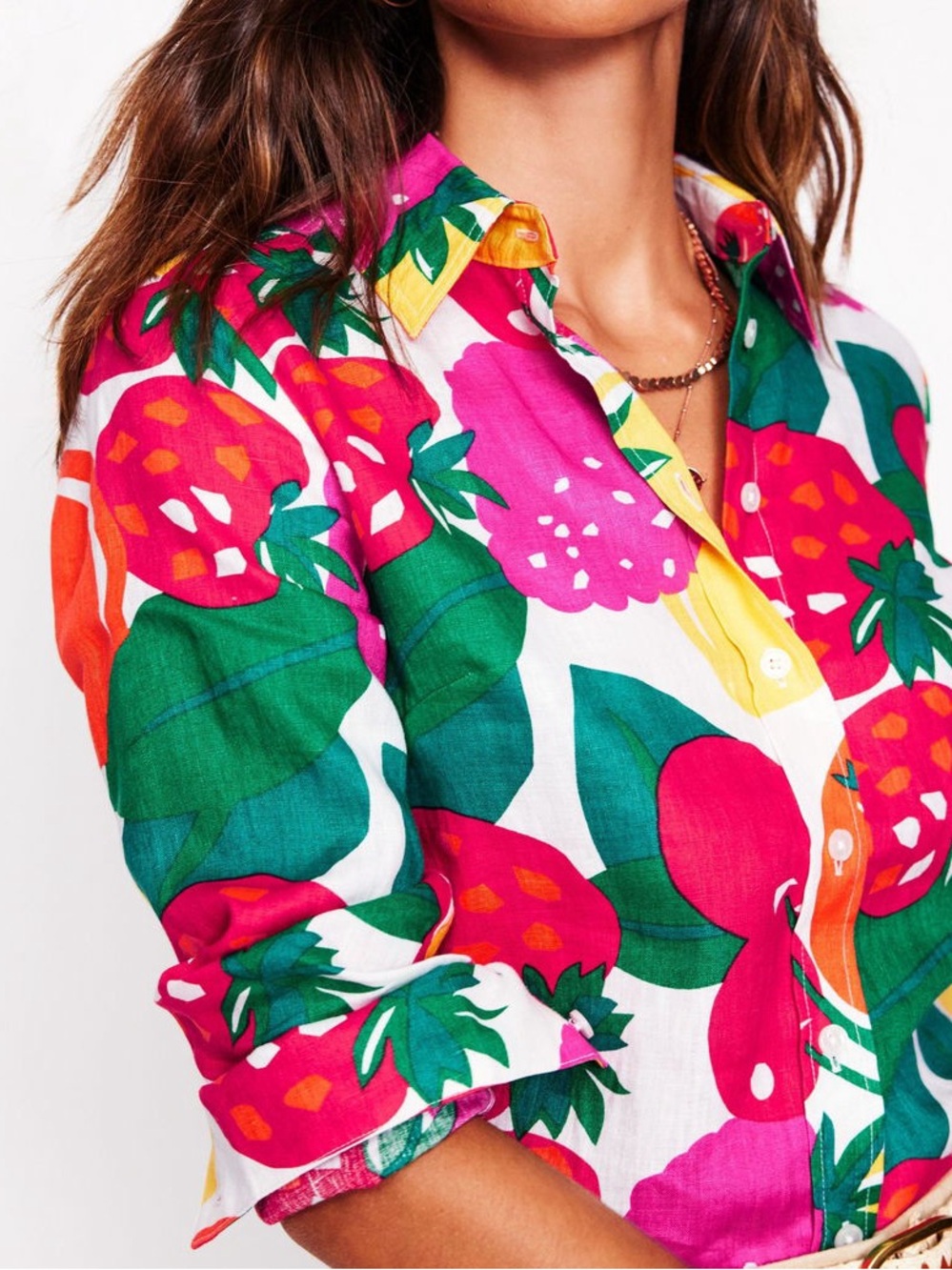Boden Sienna Linen Strawberry-Print Button-Down Shirt - Pink, Green, Yellow - Picture 2 of 8